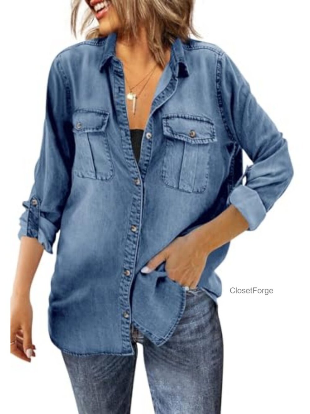 Oversized Button Down Denim Shirt Long Sleeve Jean Jacket